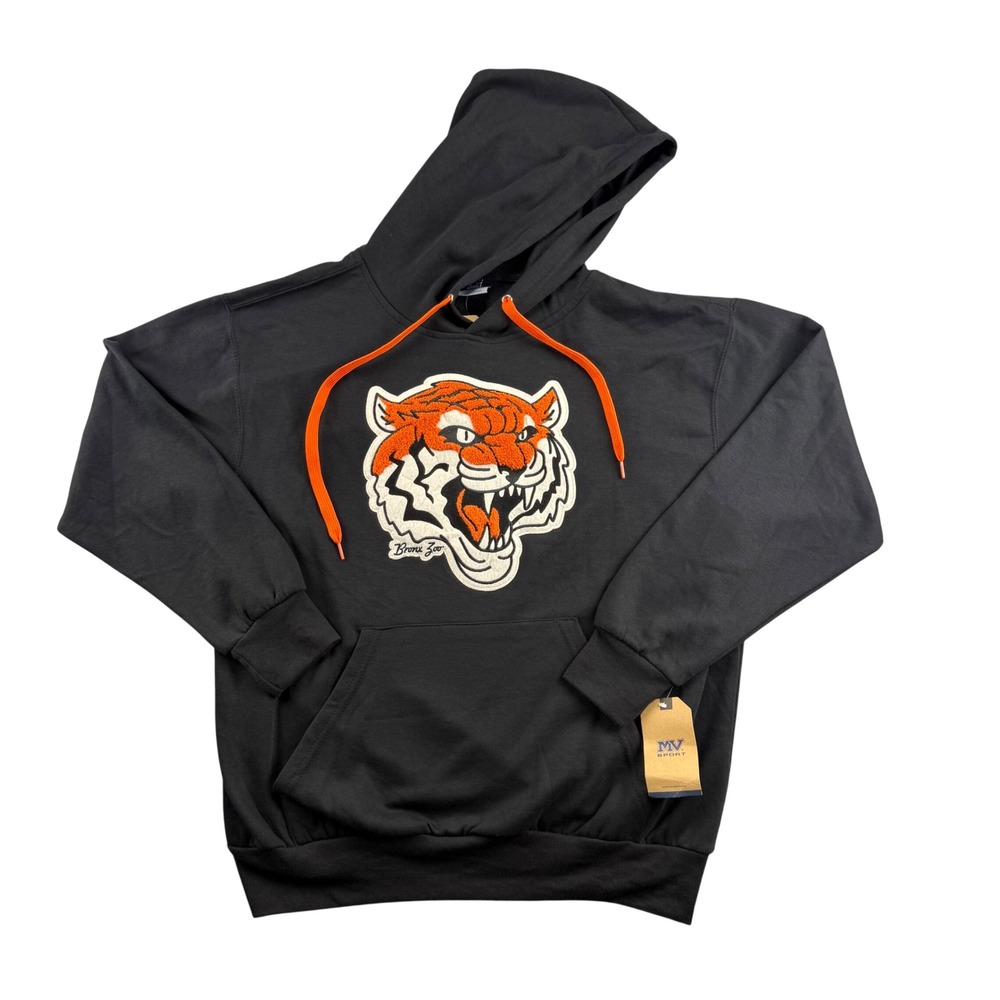 MV Sport Bronx Zoo Tiger Hoodie Mens Large Black Chenille Patch Sweatshirt NWT
